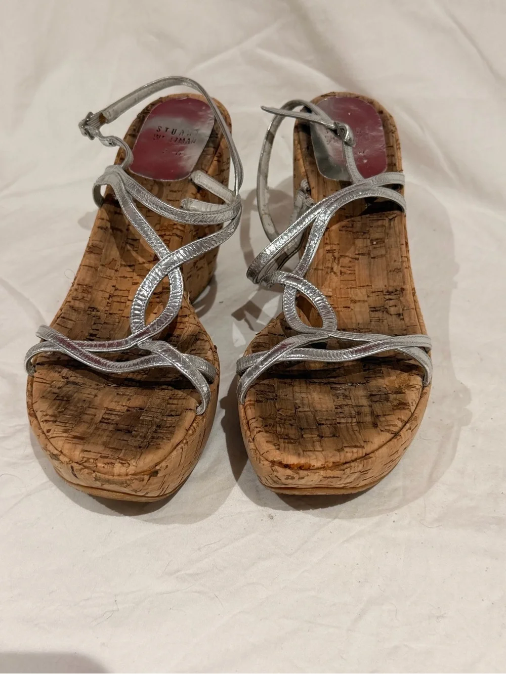 Stuart Weitzman Silver Metallic Strappy Cork Wedge Sandals - Picture 2 of 10